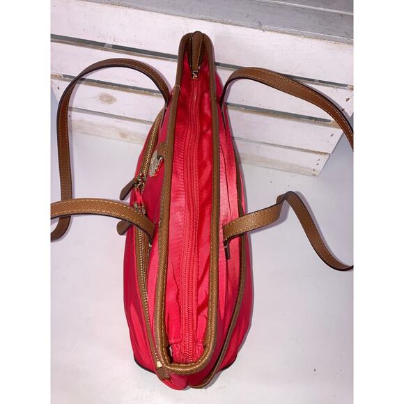 MICHAEL KORS, LARGE RED NYLON, BROWN LEATHER SHOULDER BAG - Picture 9 of 11